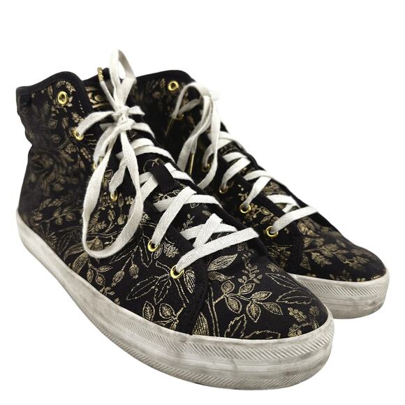 Keds Rifle Paper Co Kickstart Hi Queen Anne Sneakers Shoes Black Gold Floral 8.5 - Picture 2 of 8